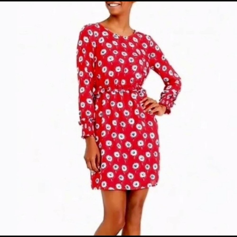 J. Crew Red Floral Long Sleeves Crew Neck Dress Size 8